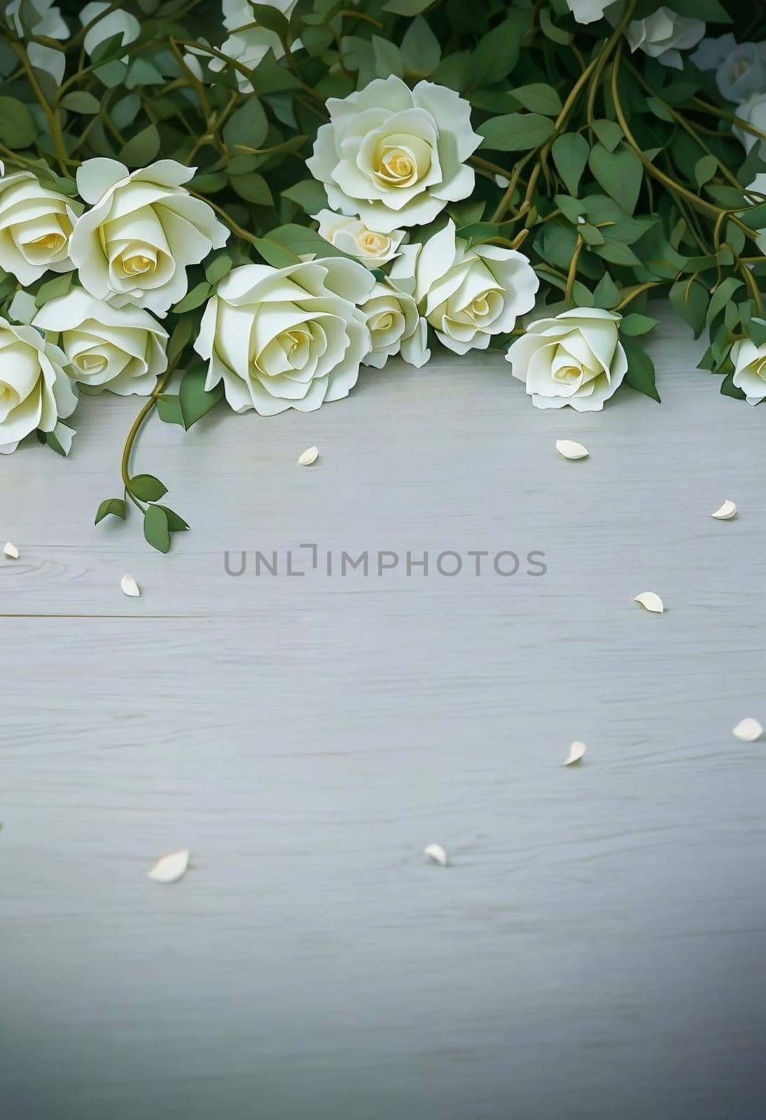 background of many white roses on a light wooden by Rawlik