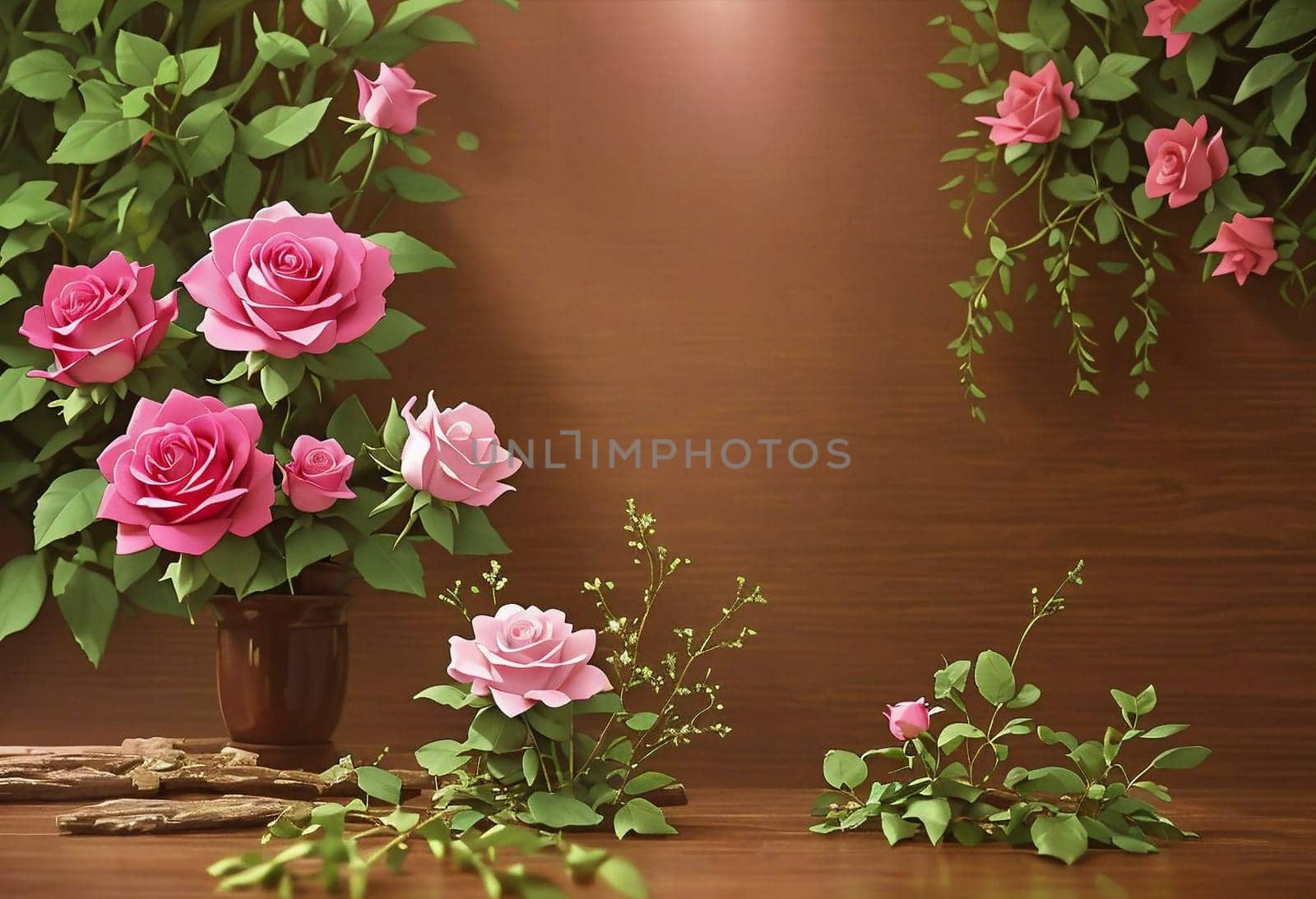 Floral background of pink and white roses on a dark wooden table. AI generated image.