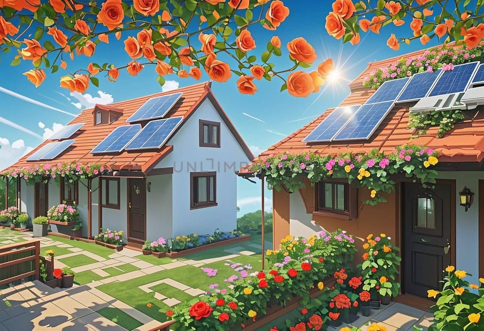 small house with solar panels, countryside. AI generated image.