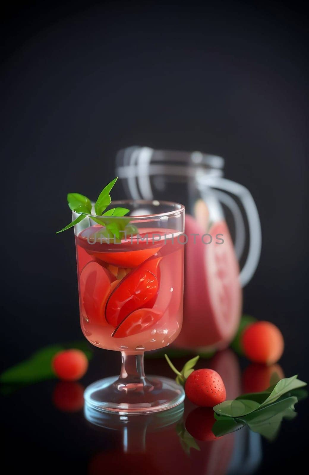Cold summer strawberry kvass with mint in a glass isolated on black background. AI generated image.