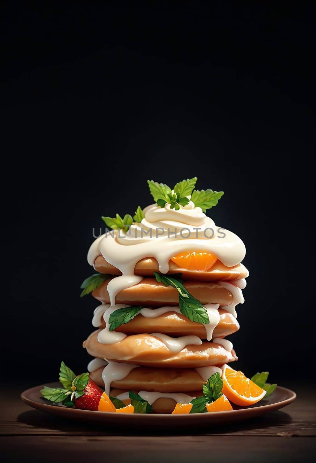 Cooked sweet pancakes with oranges on a black background. AI generated image.