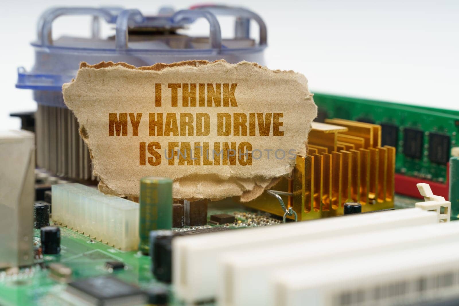 On the computer motherboard there is a cardboard with the inscription - I think my hard drive is failing. Computer repair concept.