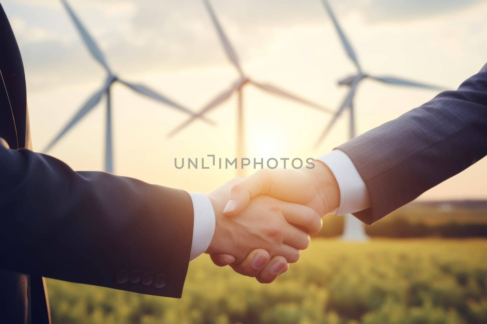Business Handshake with Windmill Farm Background.