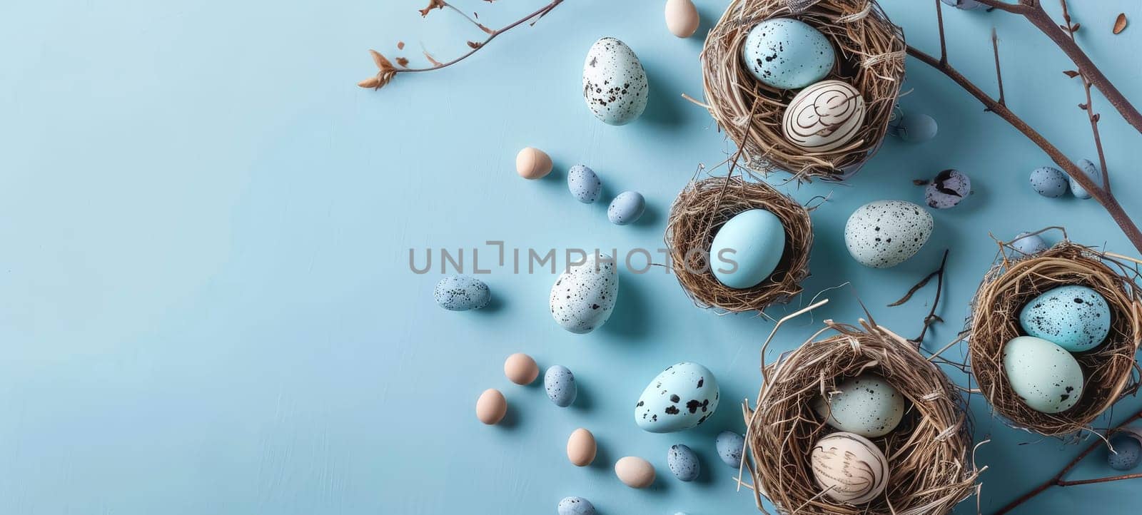 Easter Eggs Nestled in Straw on Pastel Blue Background.