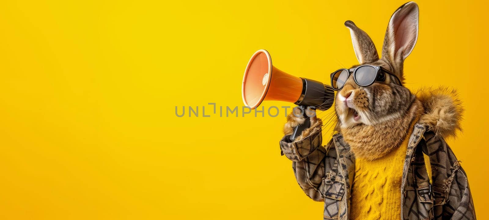 Animated rabbit in jacket with a megaphone.