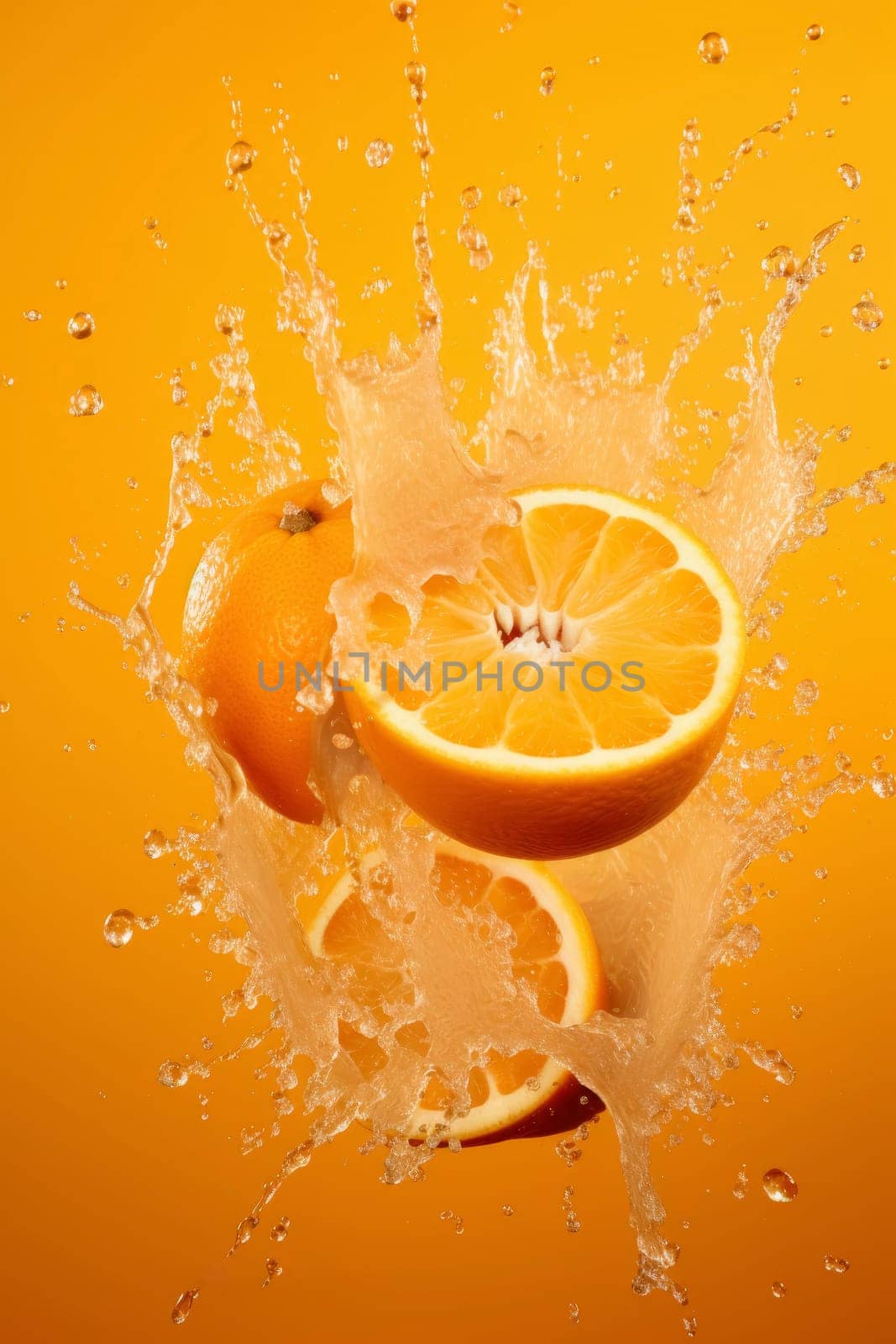 Vibrant image of orange fruit halves with a dynamic water splash against a monochromatic orange background.