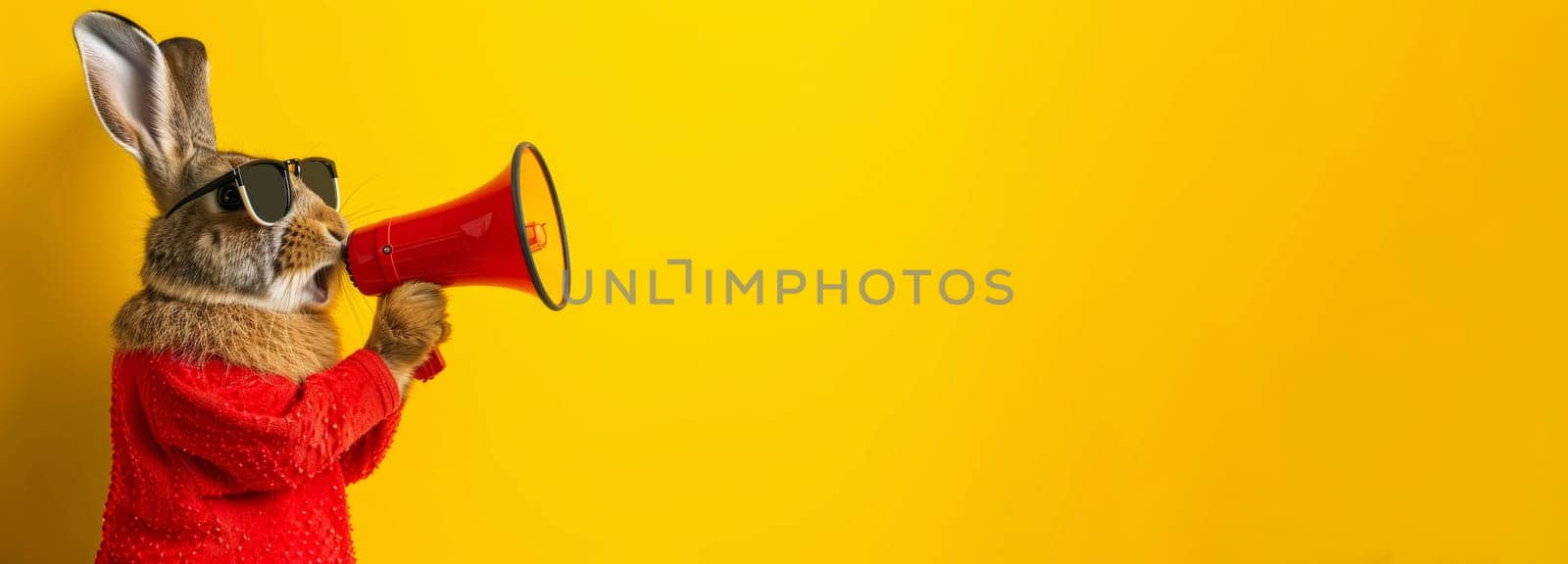 A humorous image of a rabbit in a red sweater and sunglasses holding a megaphone against a bright yellow background.