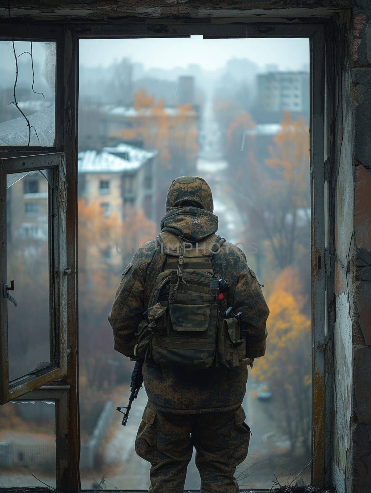 A man wearing a backpack takes a moment to gaze out of a window.
