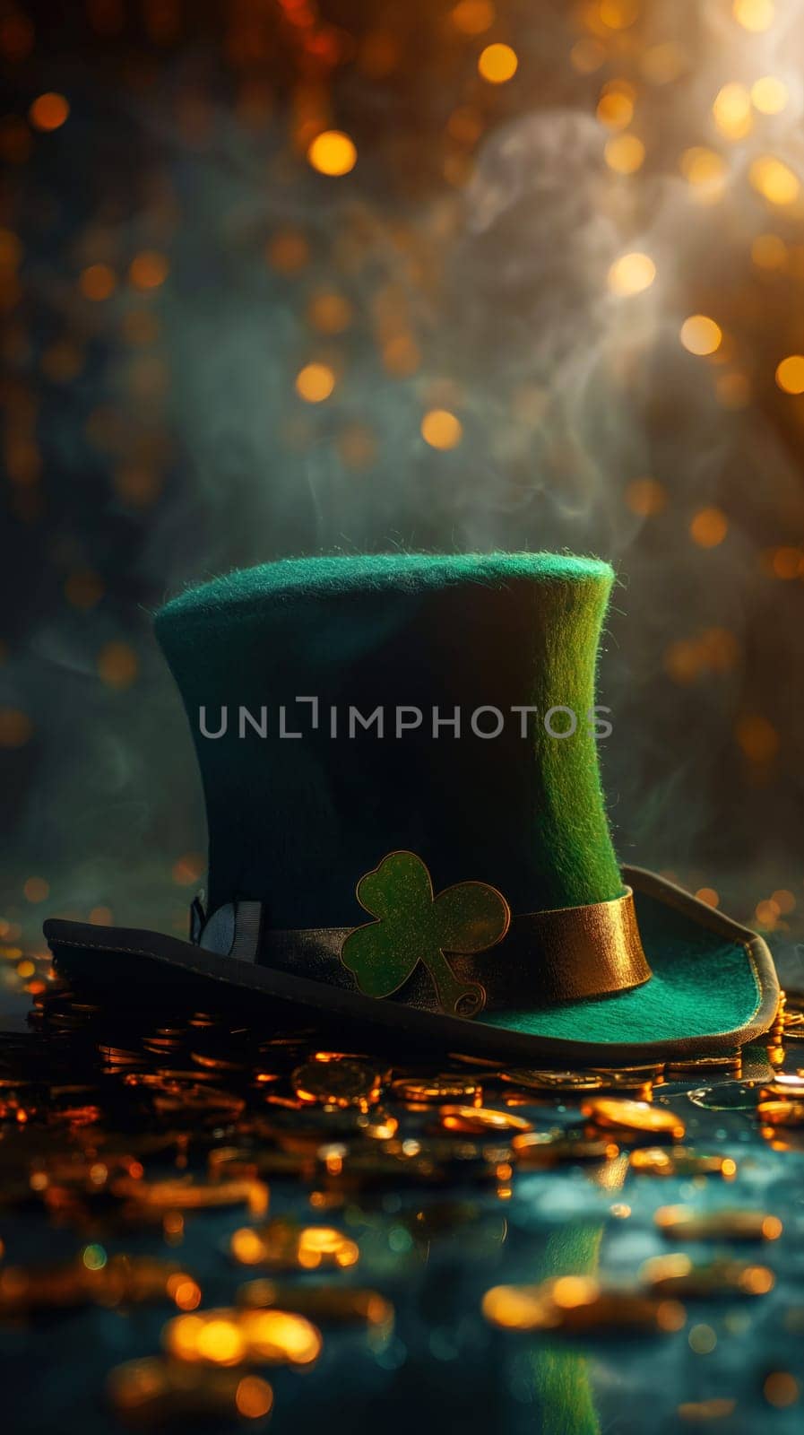 Stack of gold coins and green Patricks hat on wooden table by Dustick