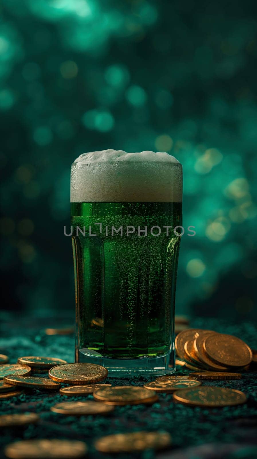 Stack of gold coins and green Patricks hat on wooden table by Dustick