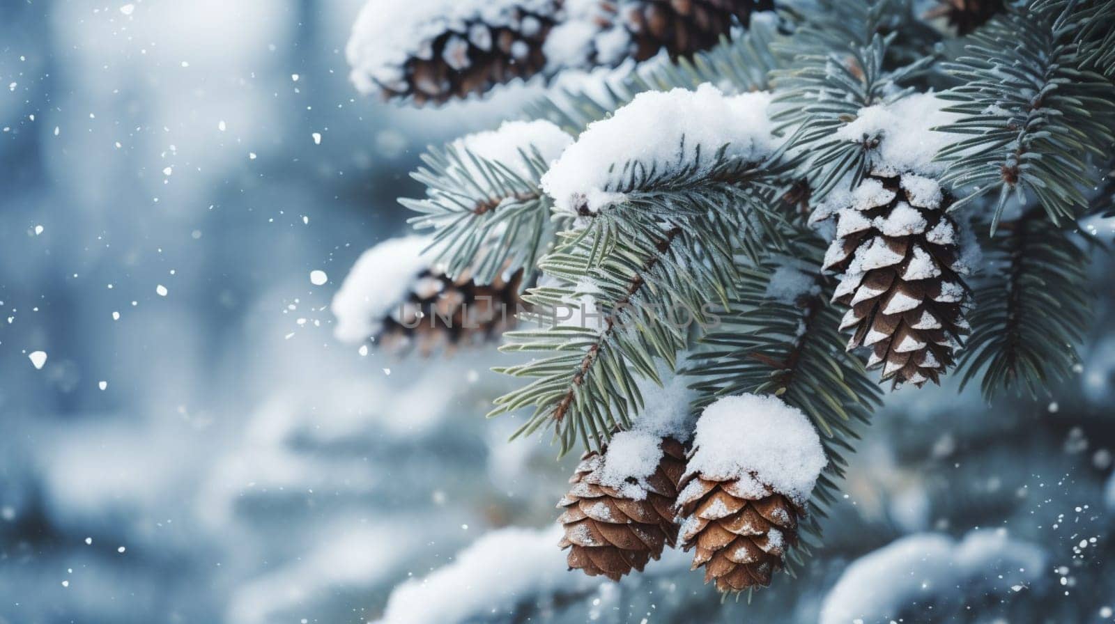 Snow-covered pine cones on a branch with falling snowflakes. High quality photo