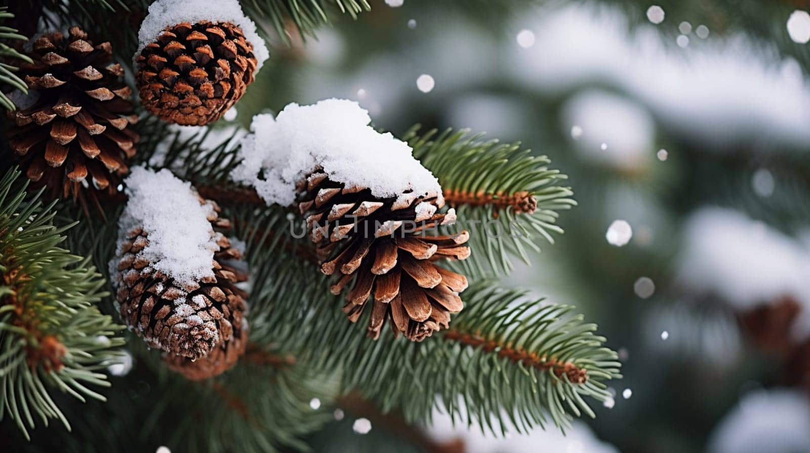 Pine cones on snowy branches during a serene winter snowfall. High quality photo