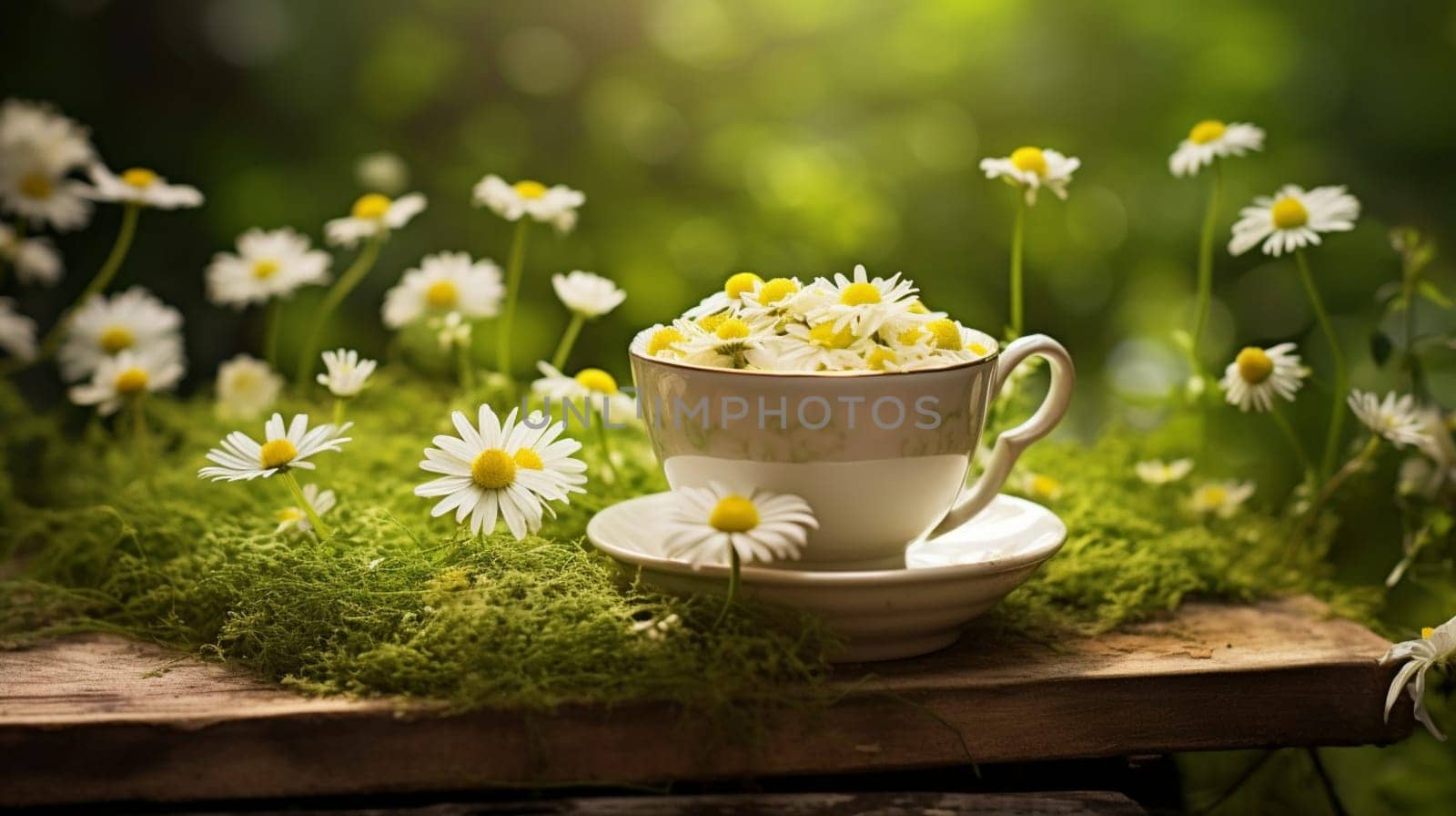 A serving of chamomile tea is placed on a wooden table with daisies scattered around it, creating a serene natural landscape