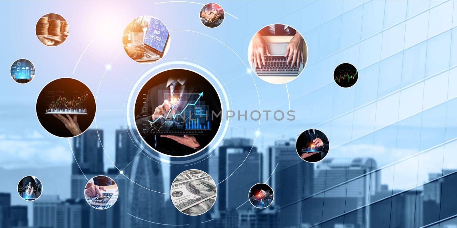 Futuristic business digital financial data technology concept for future big data analytic and business intelligence research for businessman analyst invest decisions making panoramic banner kudos