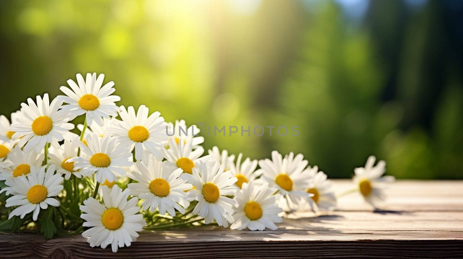 A bouquet of fresh daisies on a wooden table with a blurry forest backdrop. High quality photo