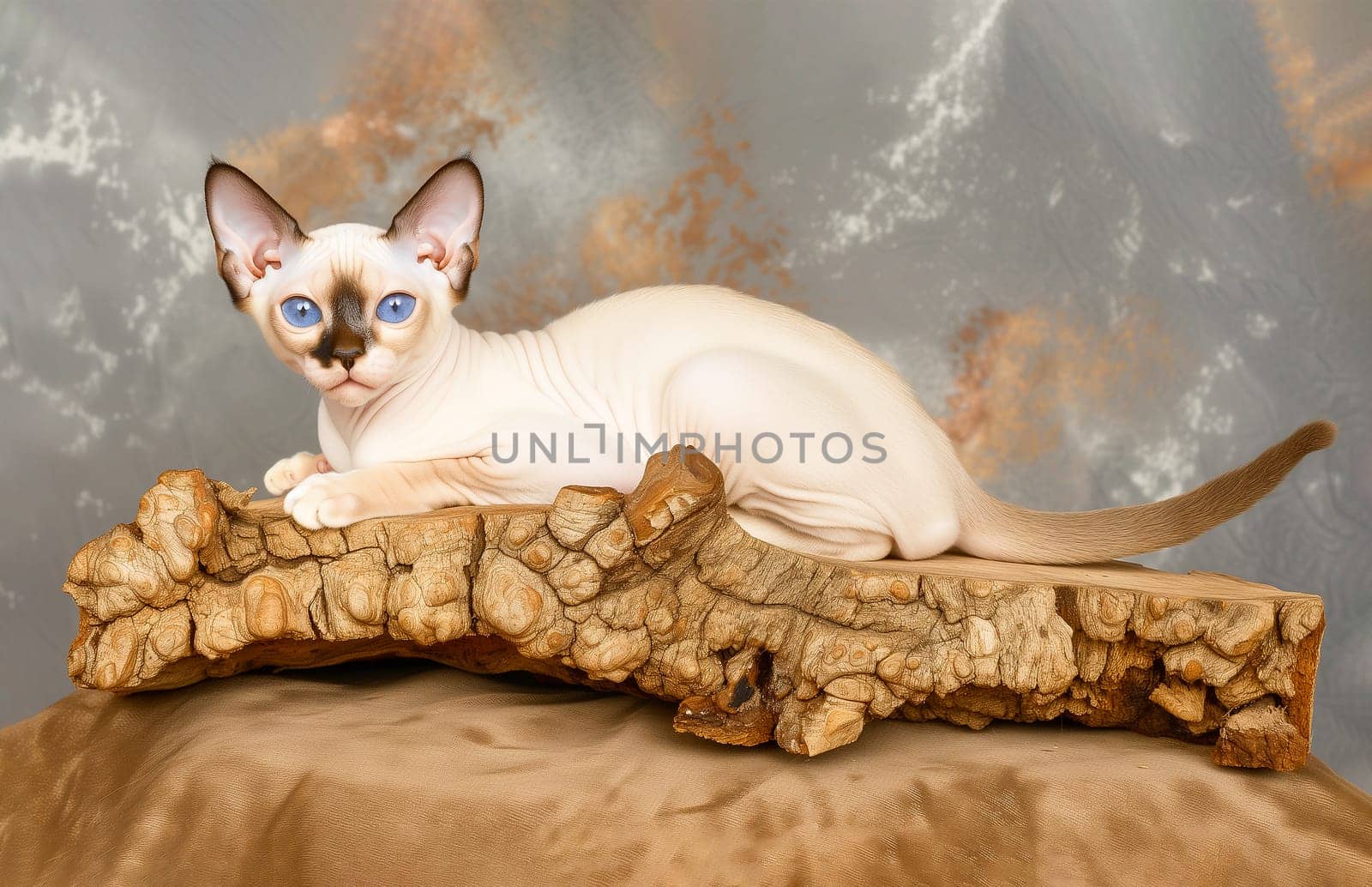 Hypoallergenic Sphynx Shorthair Cat Sitting On Wood, Gray Background. Portrait Lovely Pet, White Beige Fur Free Kitty. Horizontal Plane. AI Generated. Studio Shot. by netatsi