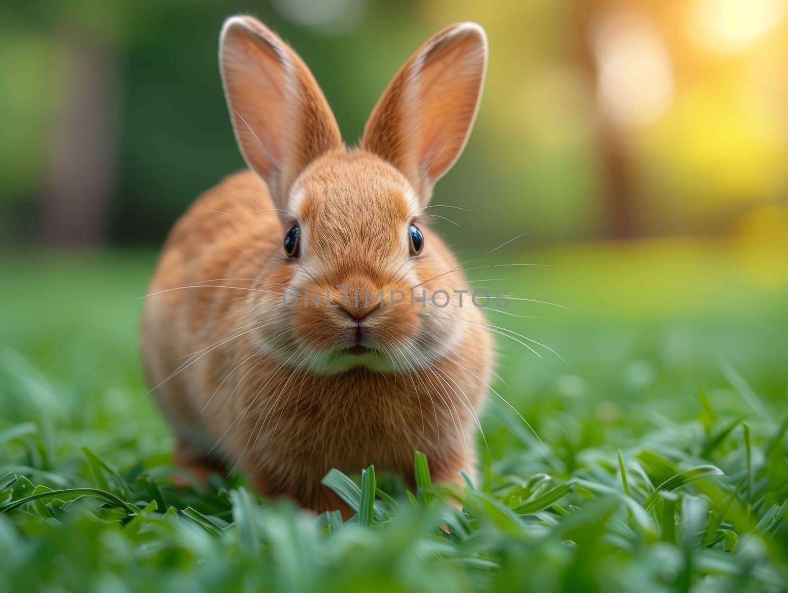 Beautiful Furry Easter Rabbit Bunny on Sunny Meadow. Bokeh Lights, Spring Garden, Traditional Easter Scene. by iliris