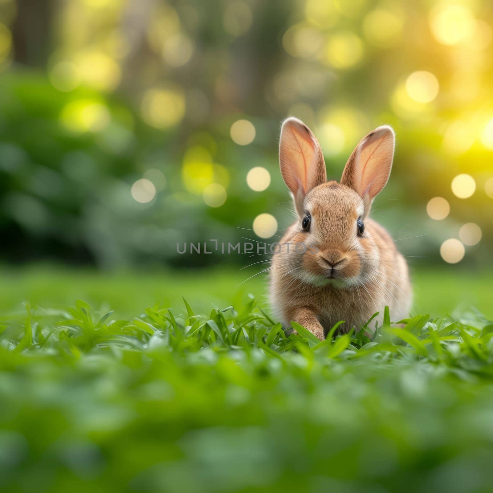 Beautiful Furry Easter Rabbit Bunny on Sunny Meadow. Bokeh Lights, Spring Garden, Traditional Easter Scene. Ai generated