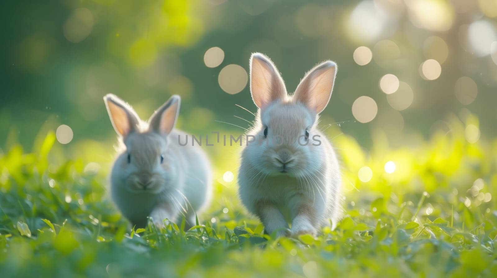 Beautiful Furry Easter Rabbit Bunny on Sunny Meadow. Bokeh Lights, Spring Garden, Traditional Easter Scene. by iliris