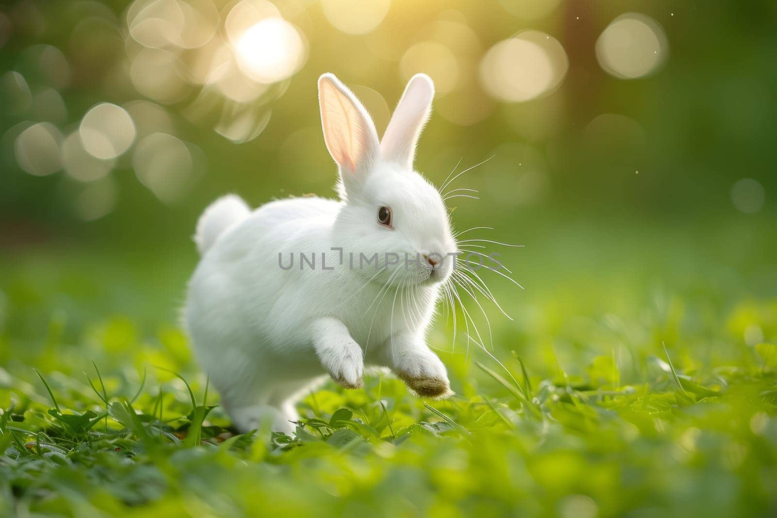 Beautiful Furry Easter Rabbit Bunny on Sunny Meadow. Bokeh Lights, Spring Garden, Traditional Easter Scene. by iliris