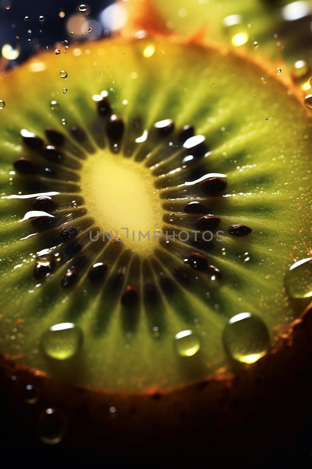 Close-up of a kiwi slice with water droplets highlighting its texture and colors.