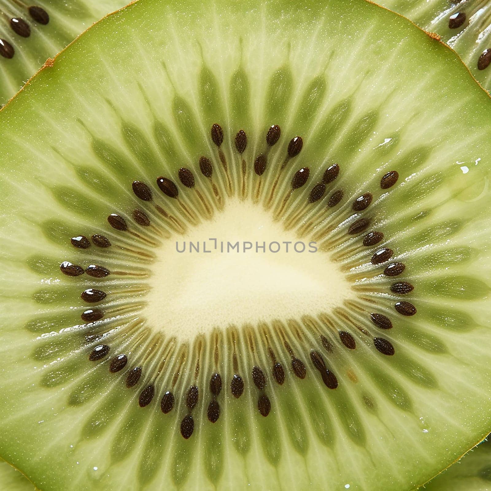 Close-up view of a kiwi fruit slice showing seeds and texture.