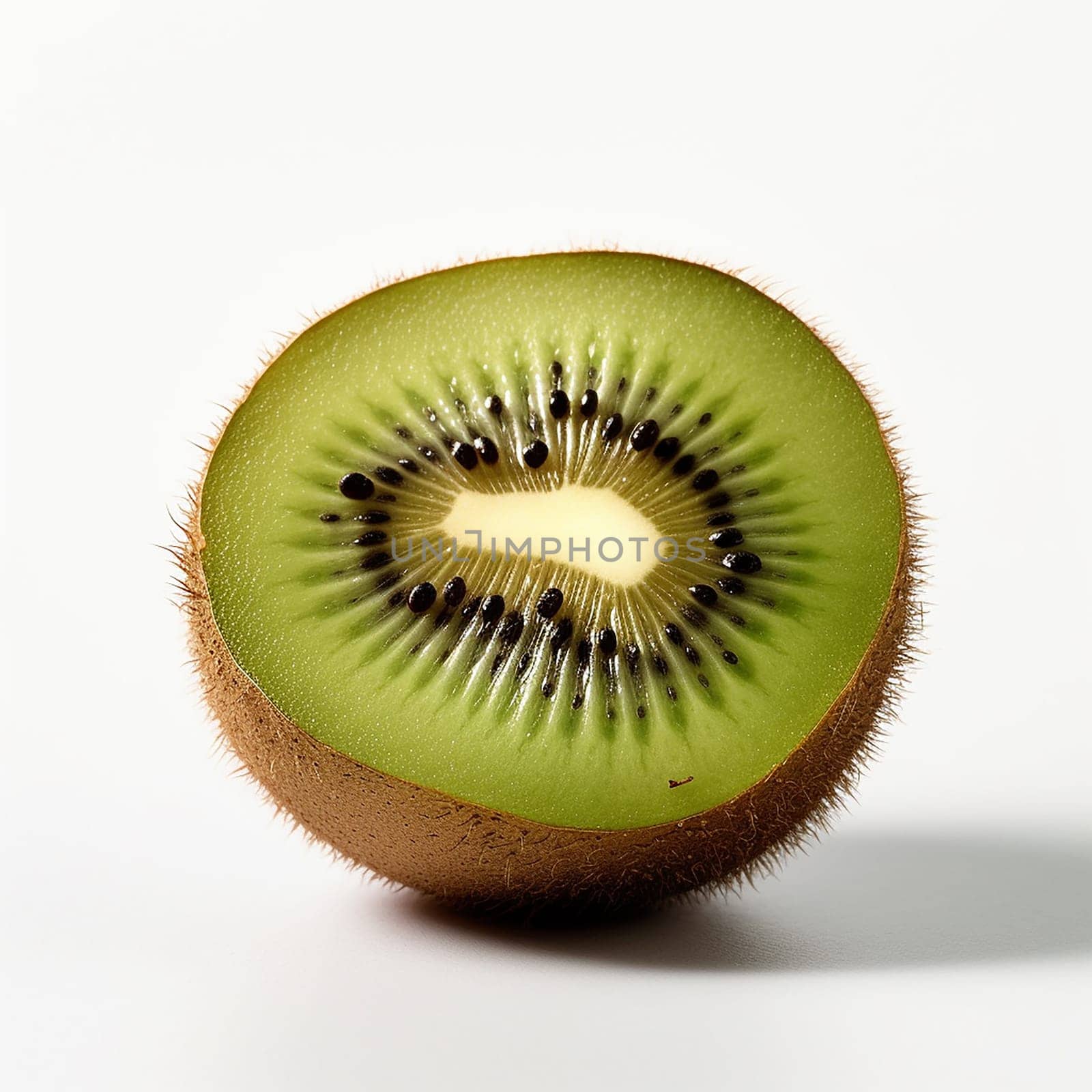 Fresh kiwi fruit cut in half on white background.