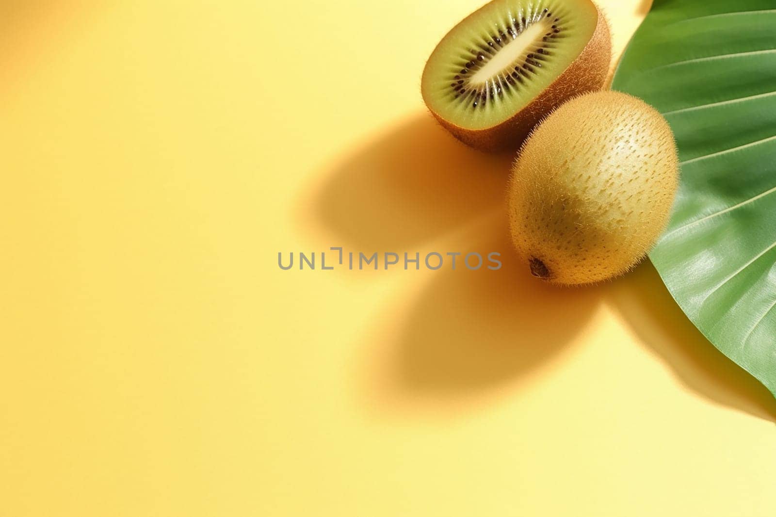 Sliced and whole kiwi with shadow on yellow background