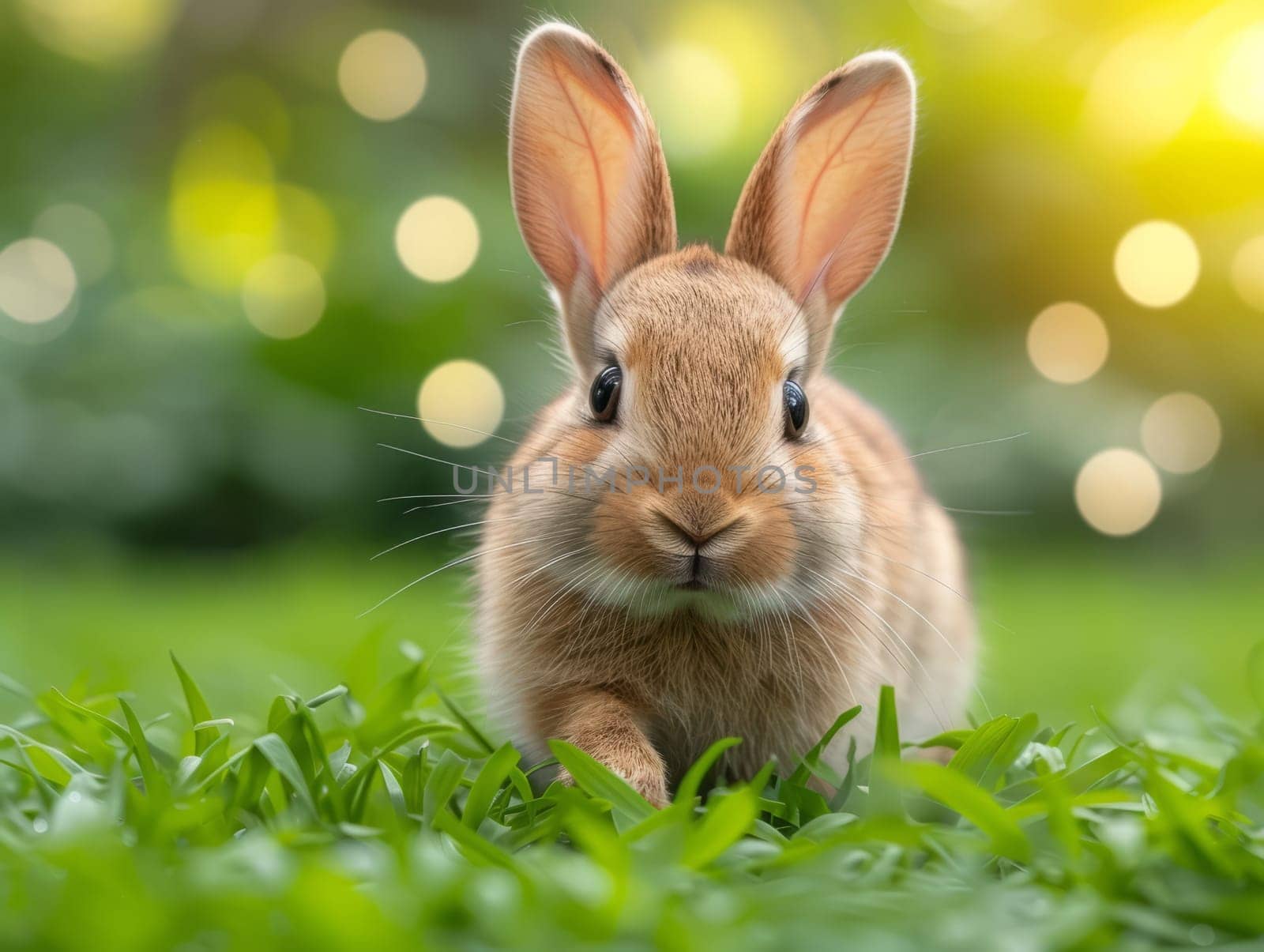 Beautiful Furry Easter Rabbit Bunny on Sunny Meadow. Bokeh Lights, Spring Garden, Traditional Easter Scene. Ai generated