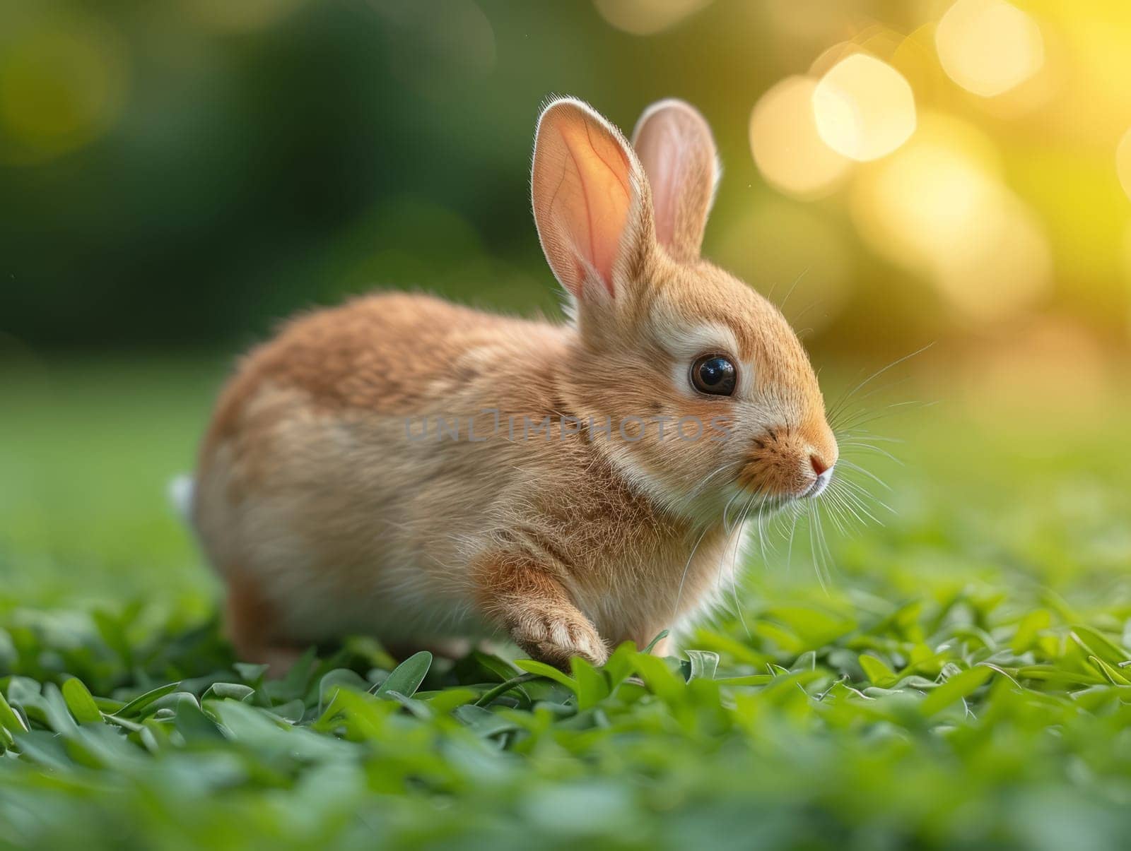 Beautiful Furry Easter Rabbit Bunny on Sunny Meadow. Bokeh Lights, Spring Garden, Traditional Easter Scene. Ai generated