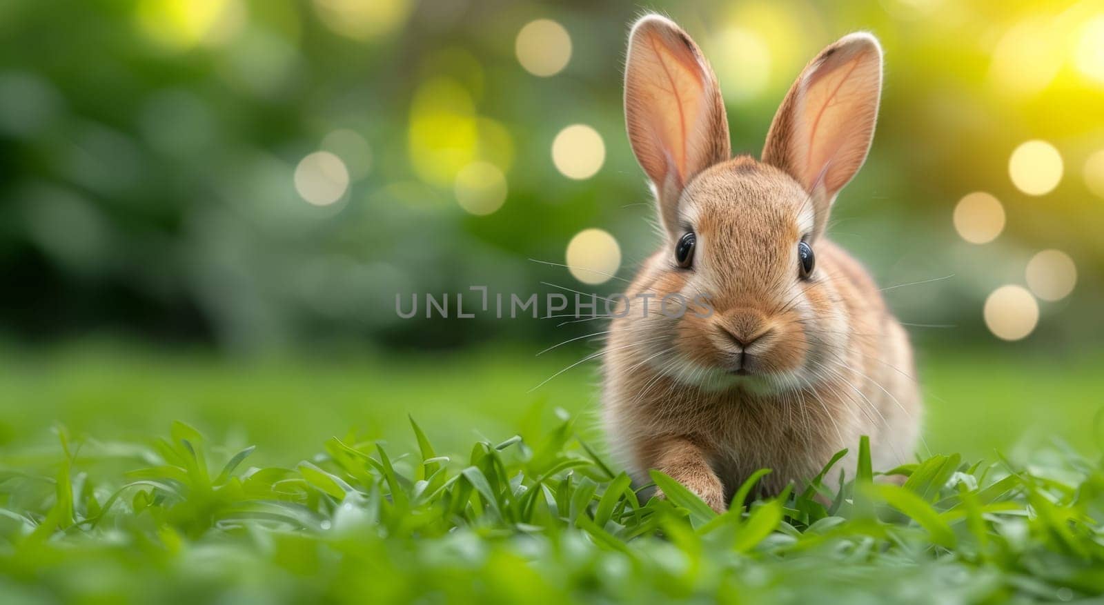 Beautiful Furry Easter Rabbit Bunny on Sunny Meadow. Bokeh Lights, Spring Garden, Traditional Easter Scene. by iliris