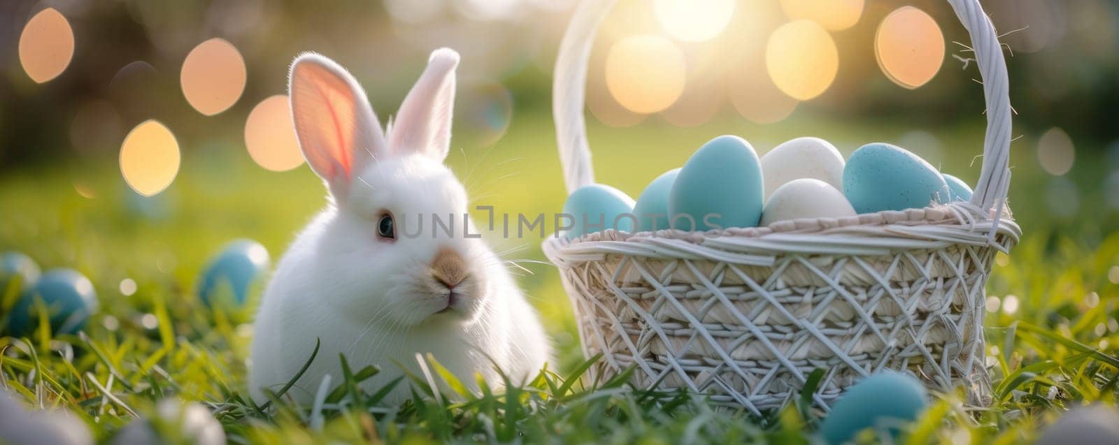 Beautiful Furry Easter Rabbit Bunny on Sunny Meadow. Bokeh Lights, Spring Garden, Traditional Easter Scene. Ai generated