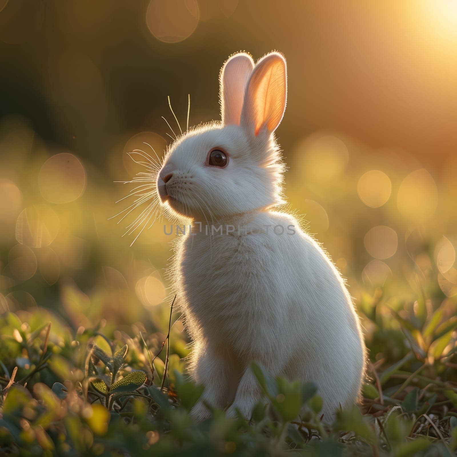 Beautiful Furry Easter Rabbit Bunny on Sunny Meadow. Bokeh Lights, Spring Garden, Traditional Easter Scene. by iliris