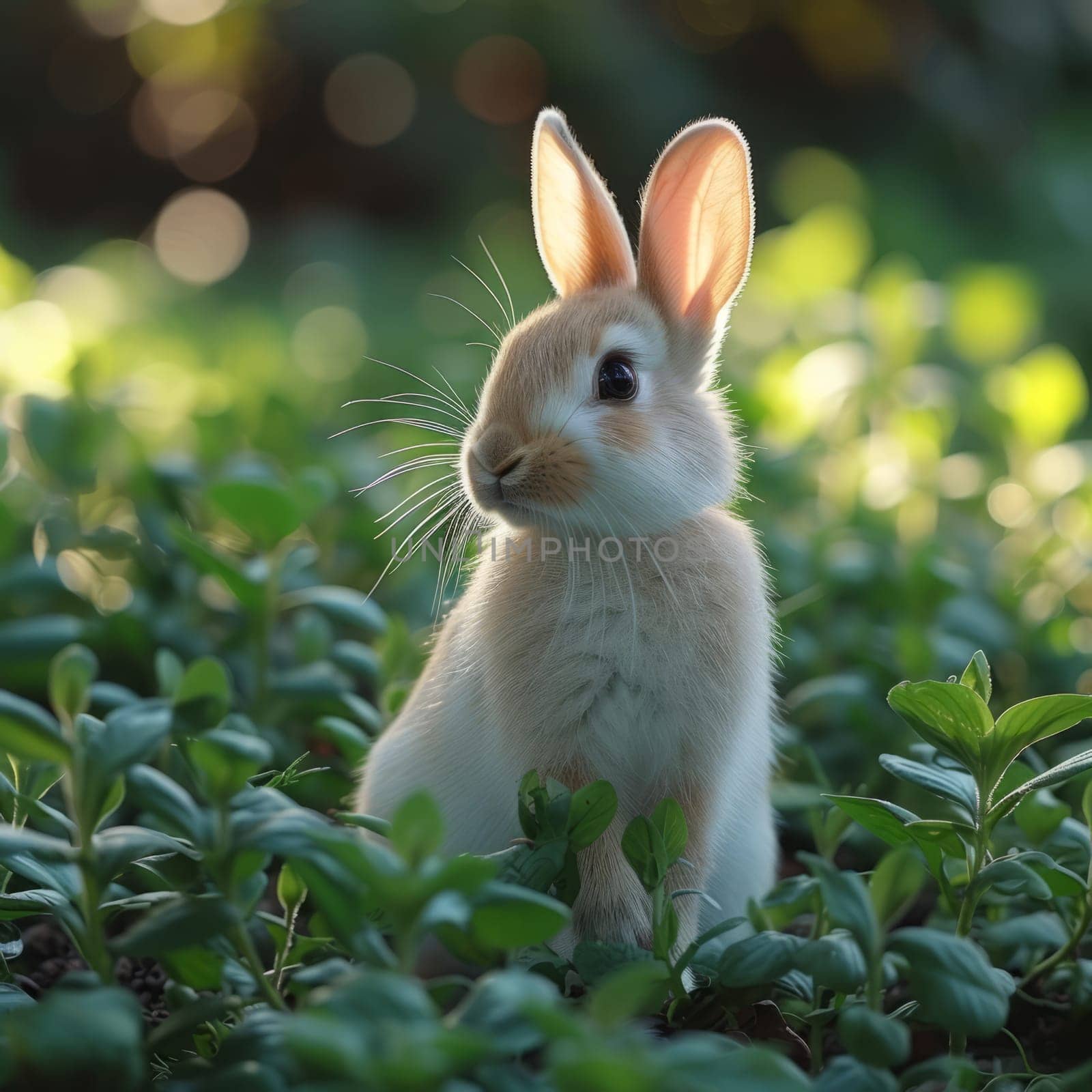 Beautiful Furry Easter Rabbit Bunny on Sunny Meadow. Bokeh Lights, Spring Garden, Traditional Easter Scene. by iliris