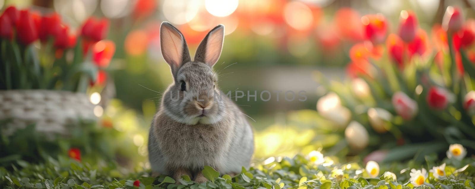 Beautiful Furry Easter Rabbit Bunny on Sunny Meadow. Bokeh Lights, Spring Garden, Traditional Easter Scene. by iliris