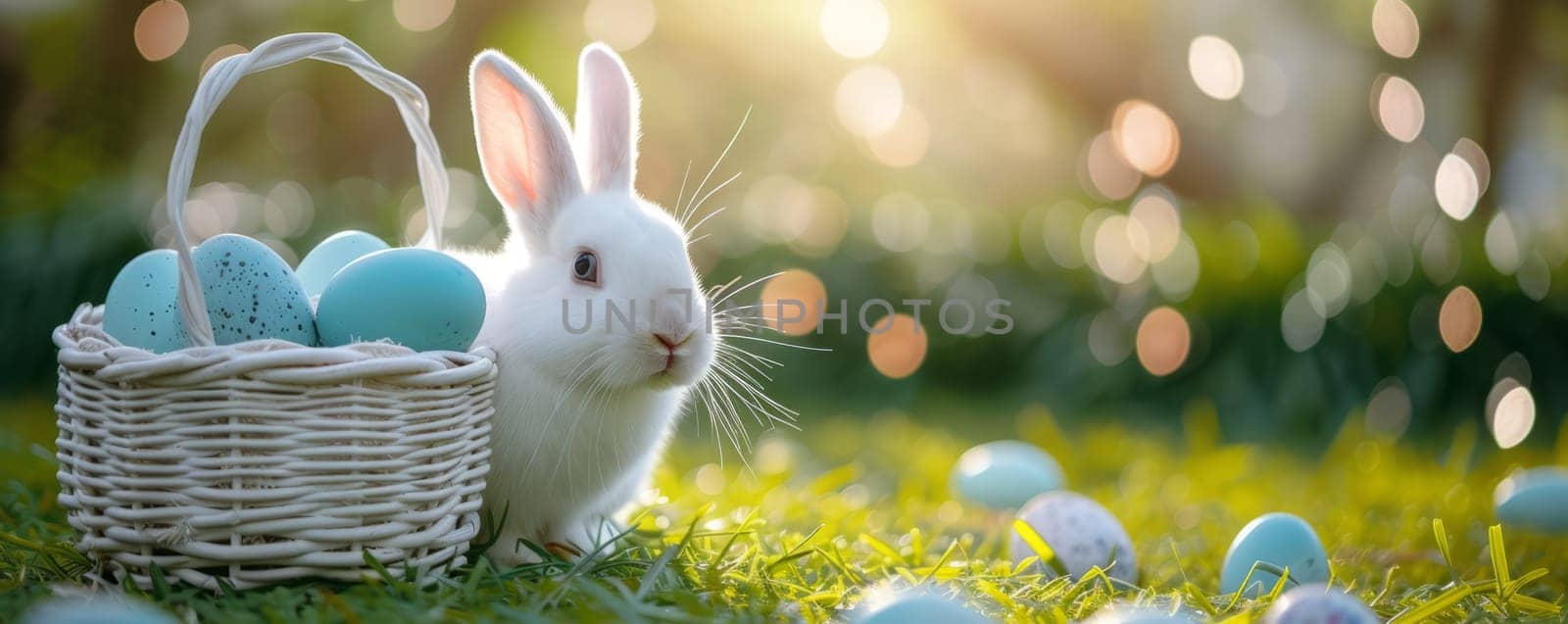 Beautiful Furry Easter Rabbit Bunny on Sunny Meadow. Bokeh Lights, Spring Garden, Traditional Easter Scene. by iliris