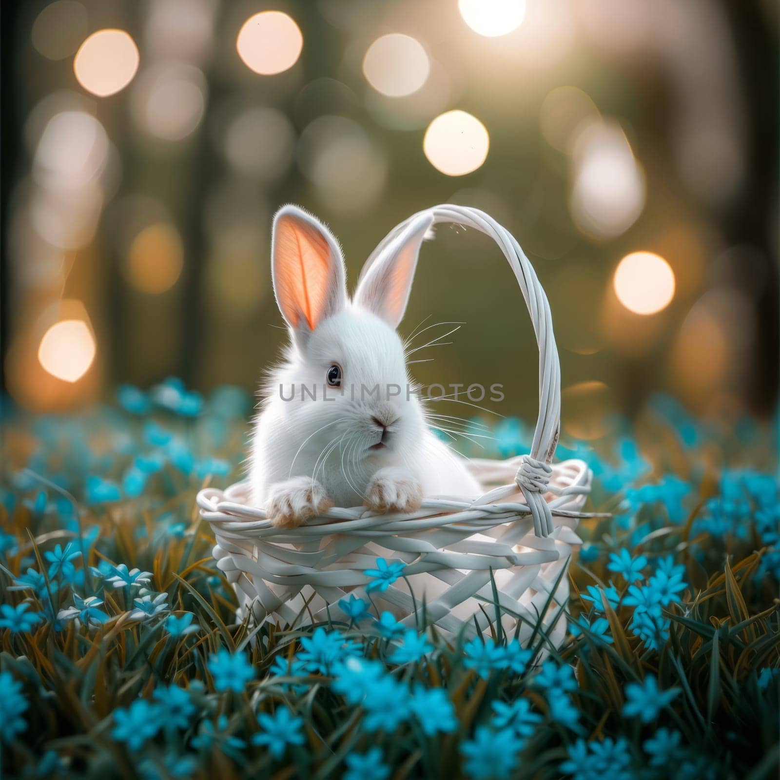 Beautiful Furry Easter Rabbit Bunny and Easter Eggs in Basket on Sunny Meadow. Bokeh Lights, Spring Garden, Traditional Easter Scene. by iliris