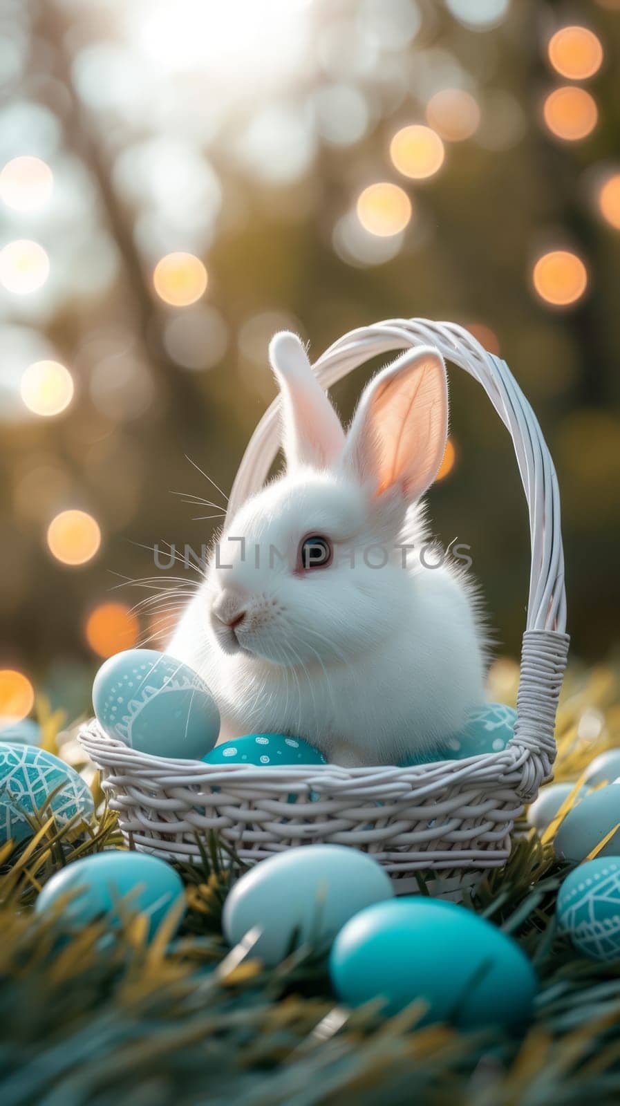 Beautiful Furry Easter Rabbit Bunny and Easter Eggs in Basket on Sunny Meadow. Bokeh Lights, Spring Garden, Traditional Easter Scene. by iliris