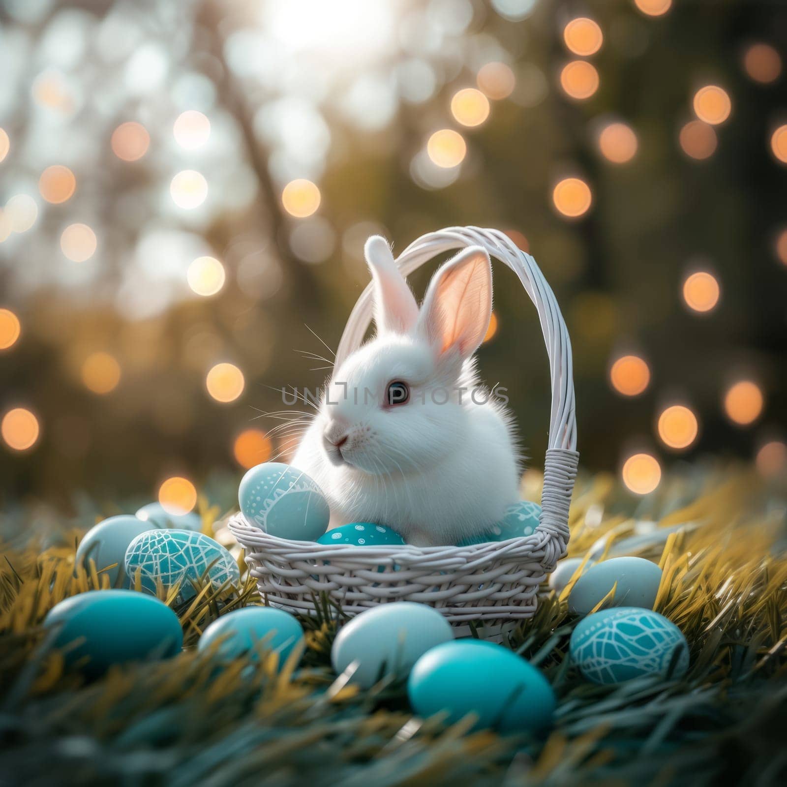 Beautiful Furry Easter Rabbit Bunny and Easter Eggs in Basket on Sunny Meadow. Bokeh Lights, Spring Garden, Traditional Easter Scene. by iliris