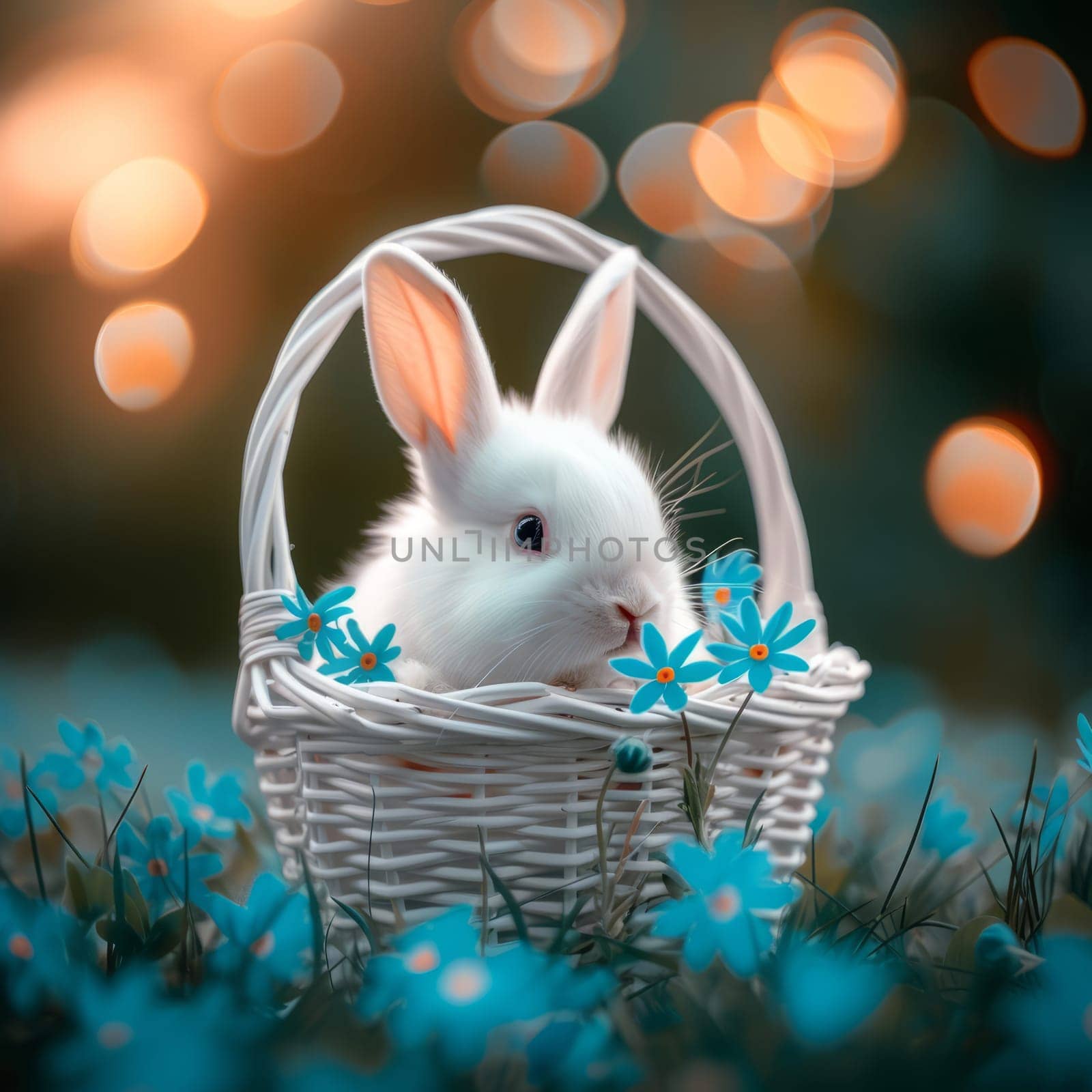 Beautiful Furry Easter Rabbit Bunny and Easter Eggs in Basket on Sunny Meadow. Bokeh Lights, Spring Garden, Traditional Easter Scene. by iliris