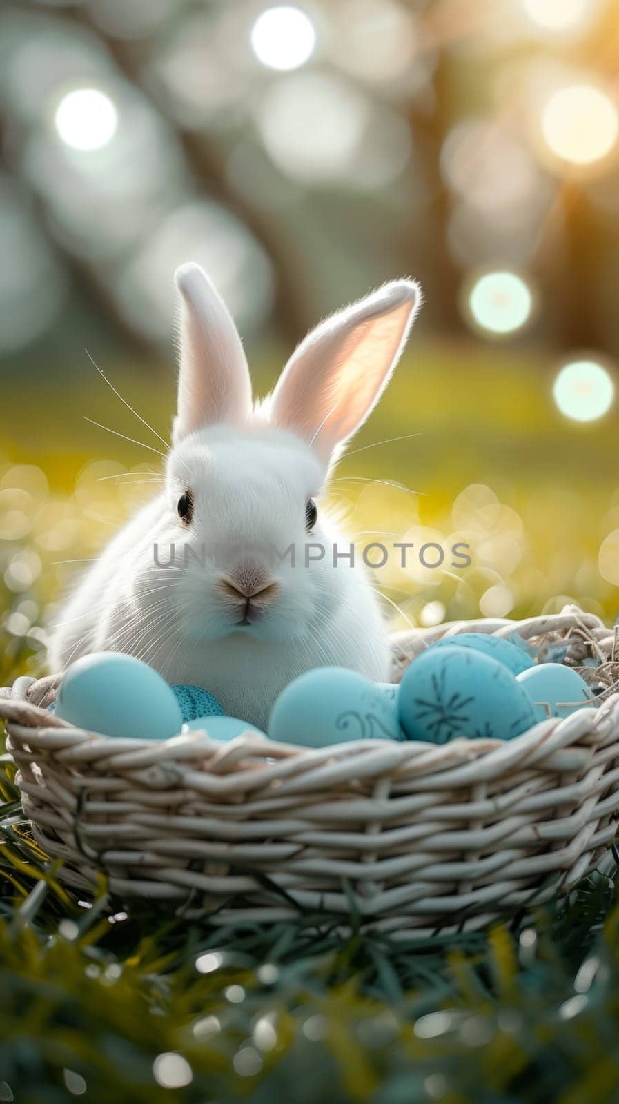 Beautiful Furry Easter Rabbit Bunny and Easter Eggs in Basket on Sunny Meadow. Bokeh Lights, Spring Garden, Traditional Easter Scene. by iliris