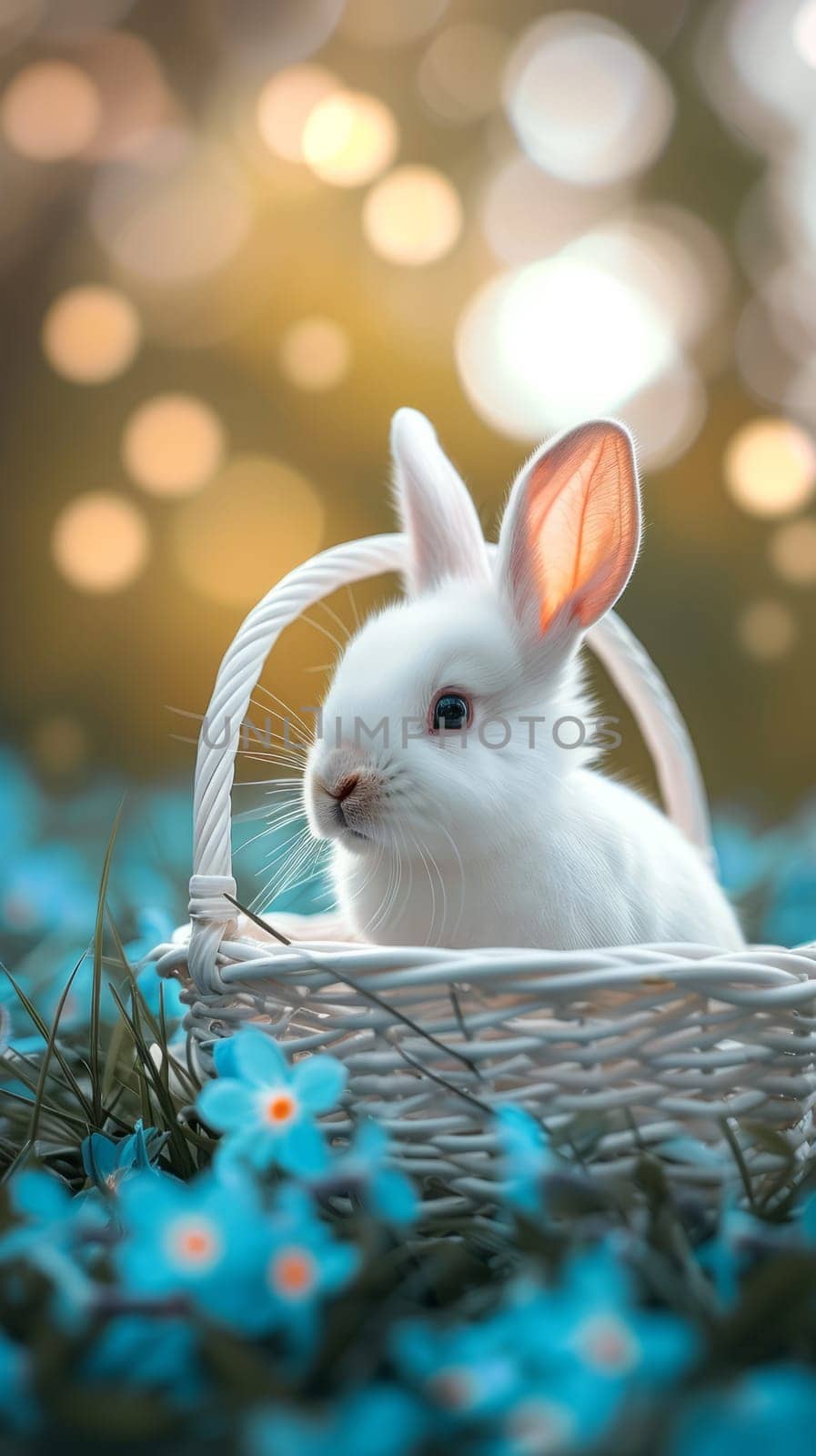 Beautiful Furry Easter Rabbit Bunny on Sunny Meadow. Bokeh Lights, Spring Garden, Traditional Easter Scene. Ai generated