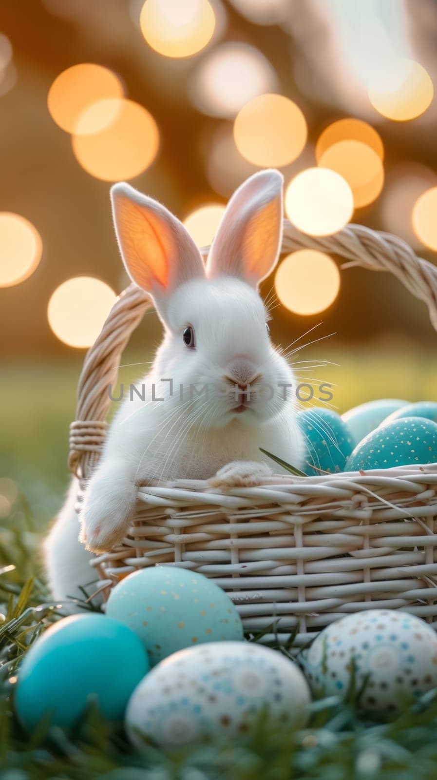 Beautiful Furry Easter Rabbit Bunny and Easter Eggs in Basket on Sunny Meadow. Bokeh Lights, Spring Garden, Traditional Easter Scene. by iliris