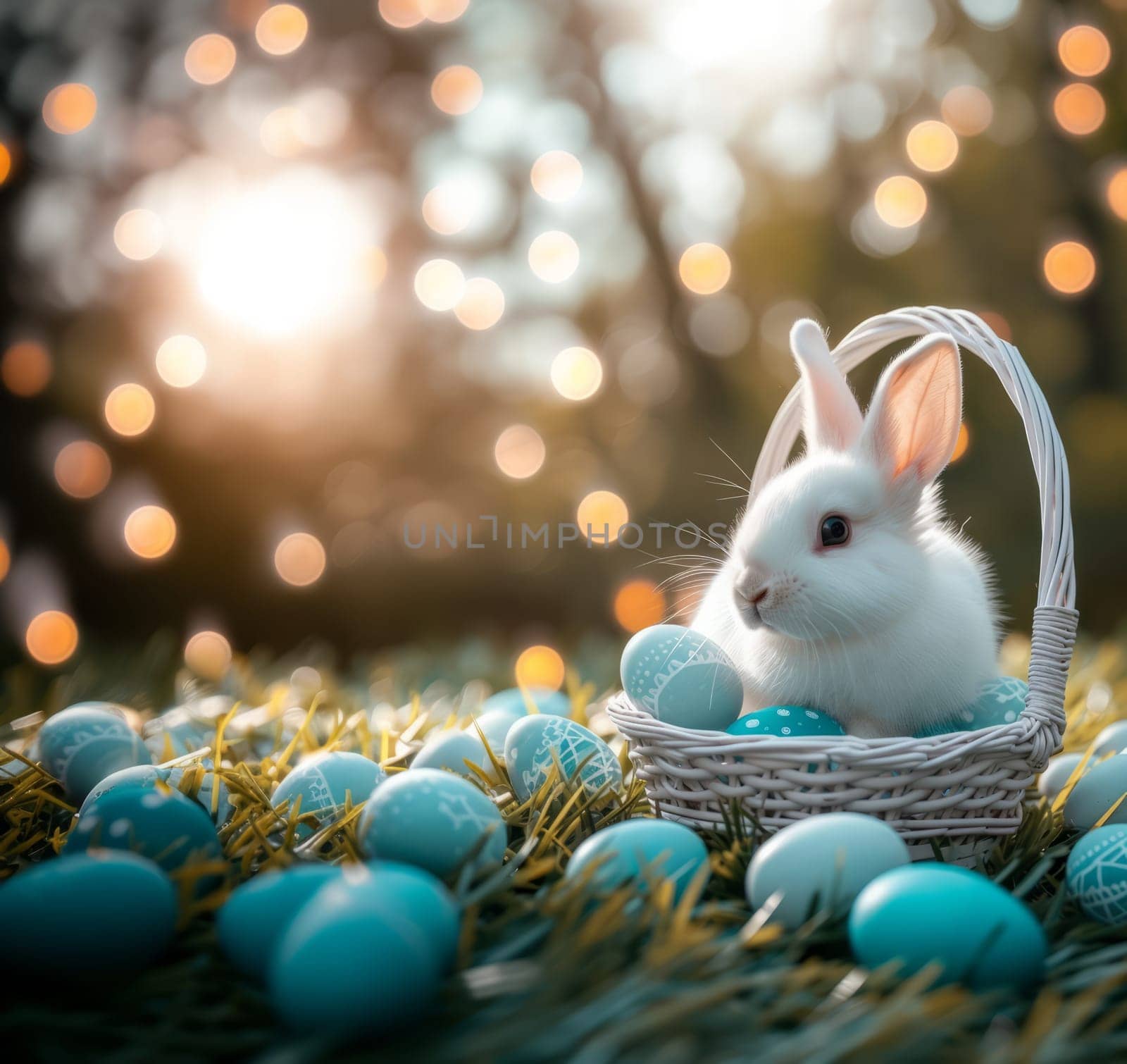 Beautiful Furry Easter Rabbit Bunny and Easter Eggs in Basket on Sunny Meadow. Bokeh Lights, Spring Garden, Traditional Easter Scene. by iliris