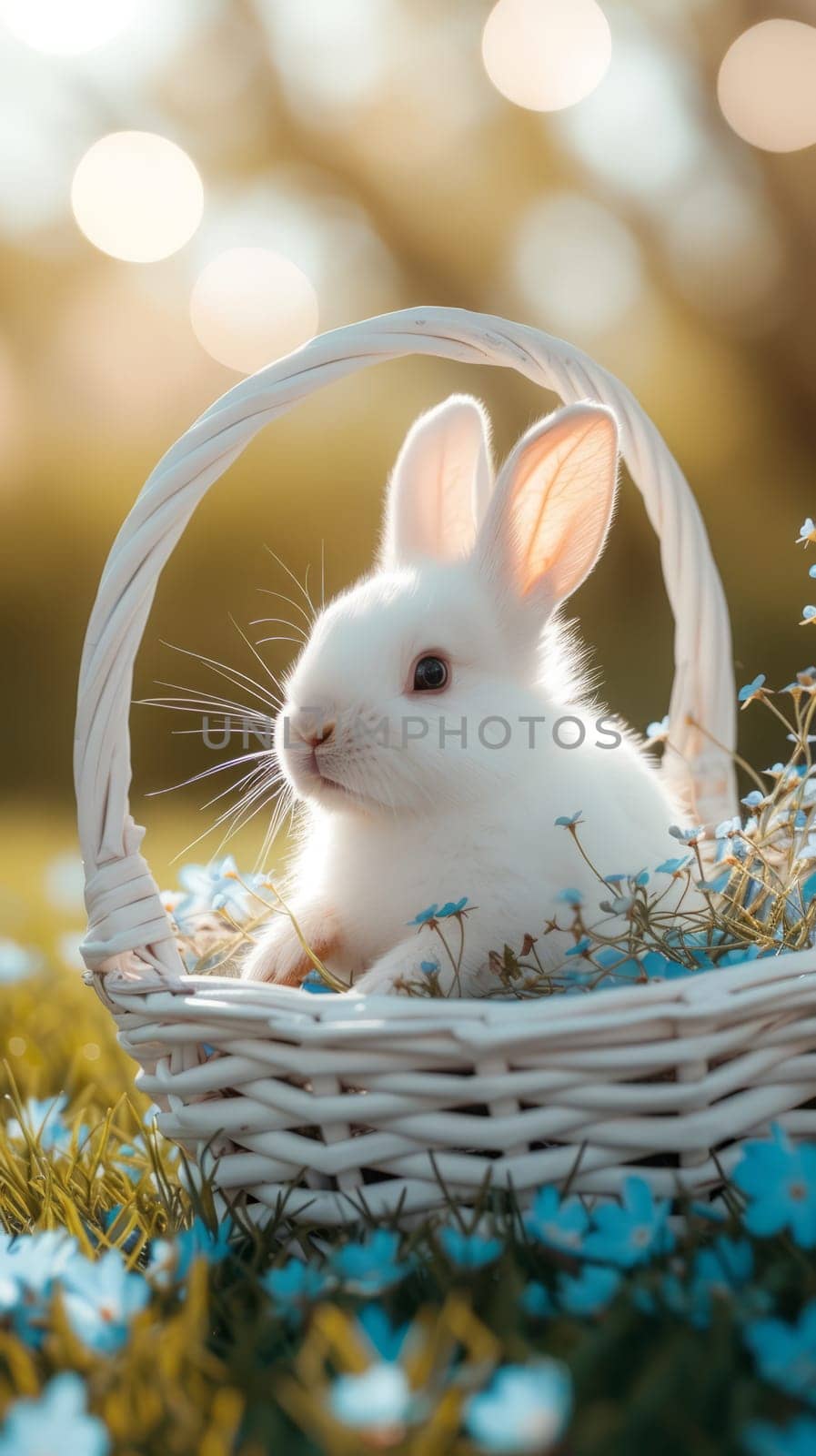 Beautiful Furry Easter Rabbit Bunny on Sunny Meadow. Bokeh Lights, Spring Garden, Traditional Easter Scene. Ai generated