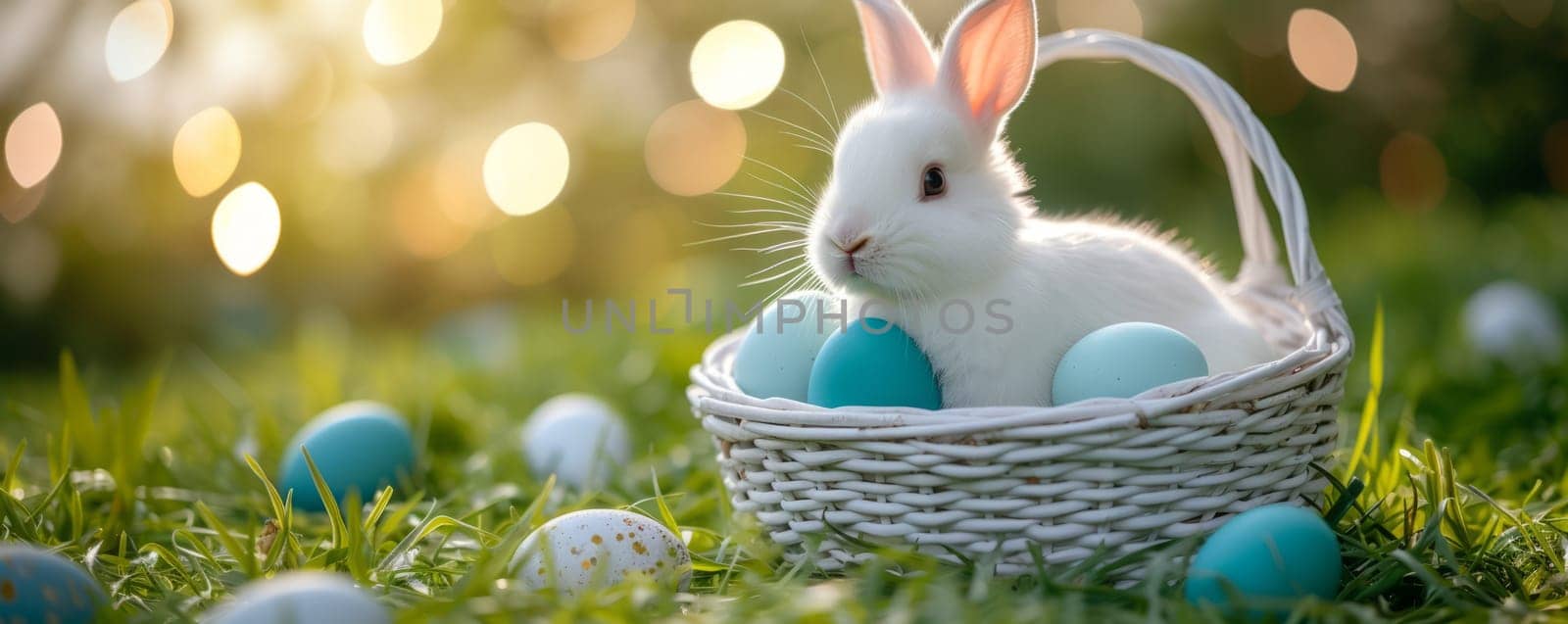 Beautiful Furry Easter Rabbit Bunny and Easter Eggs in Basket on Sunny Meadow. Bokeh Lights, Spring Garden, Traditional Easter Scene. by iliris