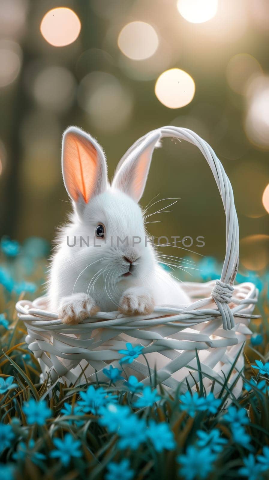 Beautiful Furry Easter Rabbit Bunny and Easter Eggs in Basket on Sunny Meadow. Bokeh Lights, Spring Garden, Traditional Easter Scene. by iliris