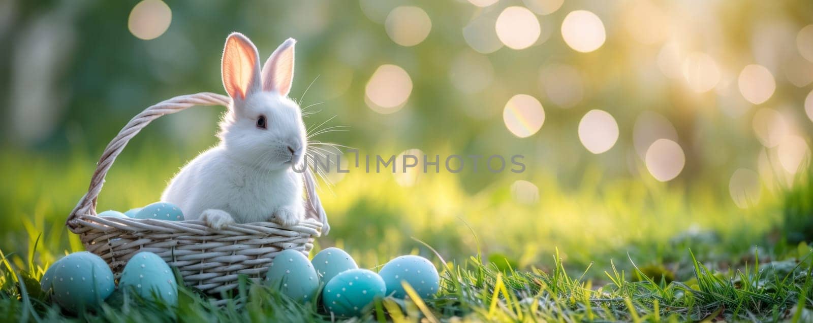 Beautiful Furry Easter Rabbit Bunny on Sunny Meadow. Bokeh Lights, Spring Garden, Traditional Easter Scene. Ai generated