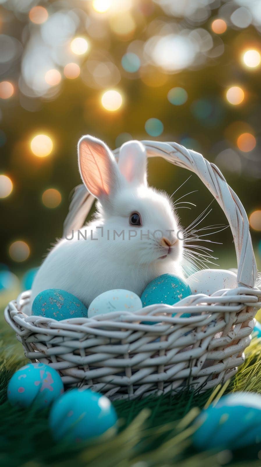 Beautiful Furry Easter Rabbit Bunny on Sunny Meadow. Bokeh Lights, Spring Garden, Traditional Easter Scene. Ai generated