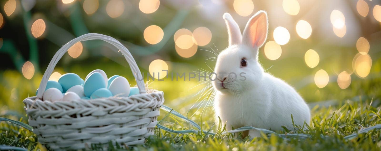 Beautiful Furry Easter Rabbit Bunny on Sunny Meadow. Bokeh Lights, Spring Garden, Traditional Easter Scene. Ai generated